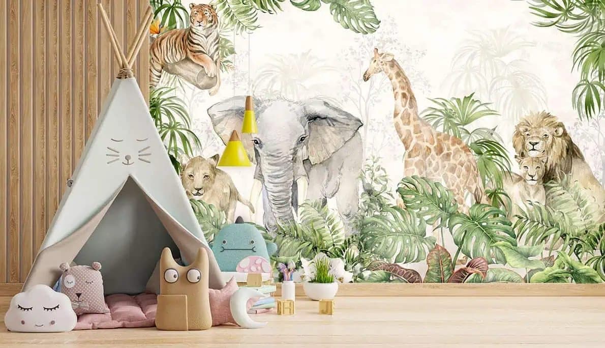 naadloos jungle dieren aquarel olifant, leeuw en giraffe behang op maat