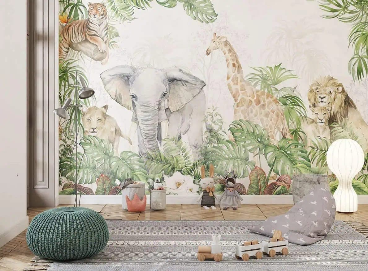 jungle dieren aquarel olifant, leeuw en giraffe behang in groen — naadloos op maat geprint