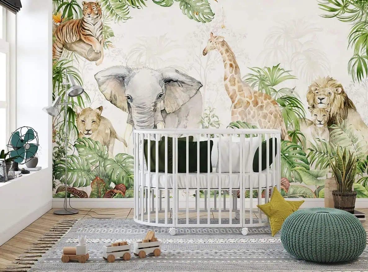 jungle dieren aquarel olifant, leeuw en giraffe behang in groen