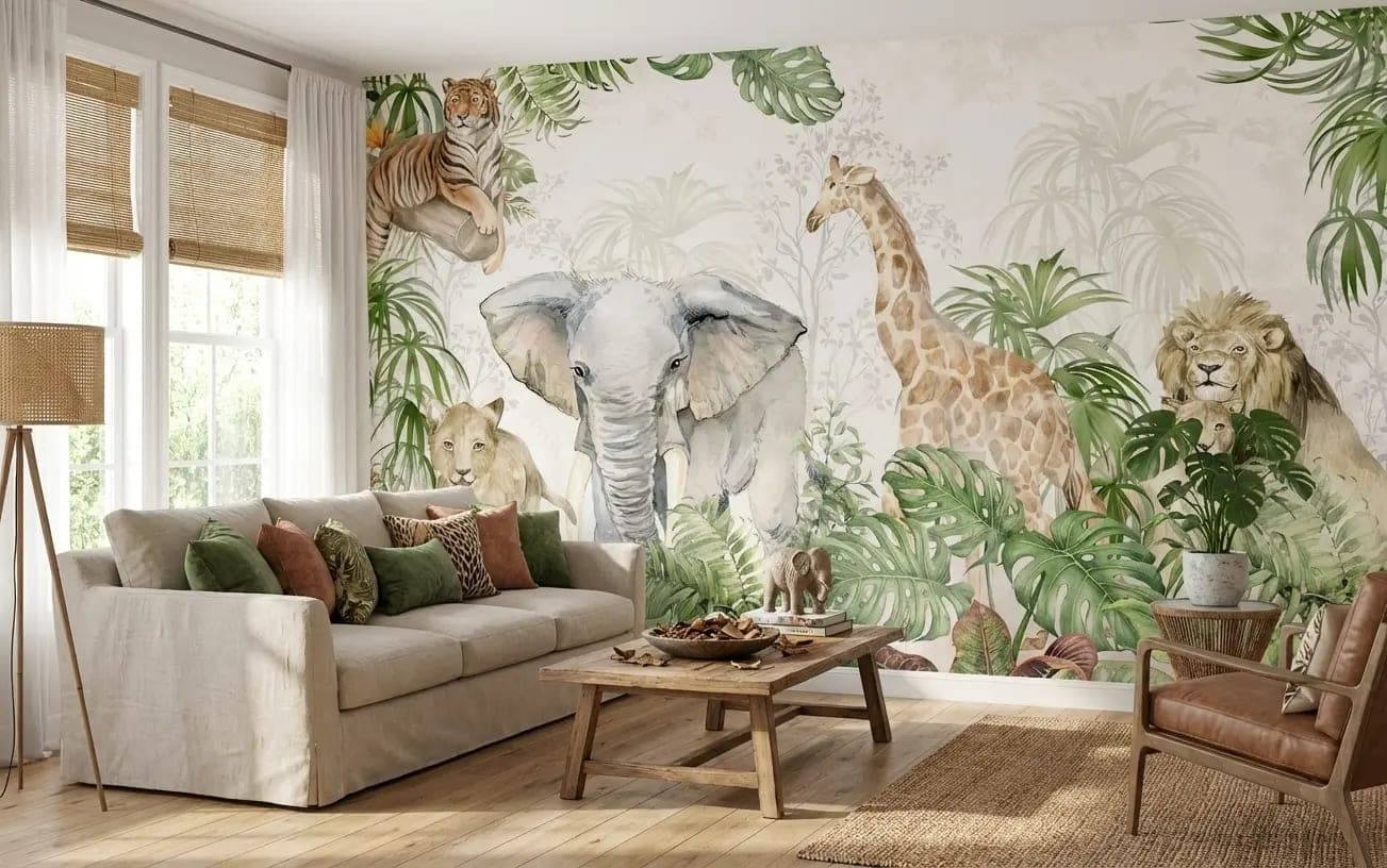 jungle dieren aquarel olifant, leeuw en giraffe behang op maat in groen