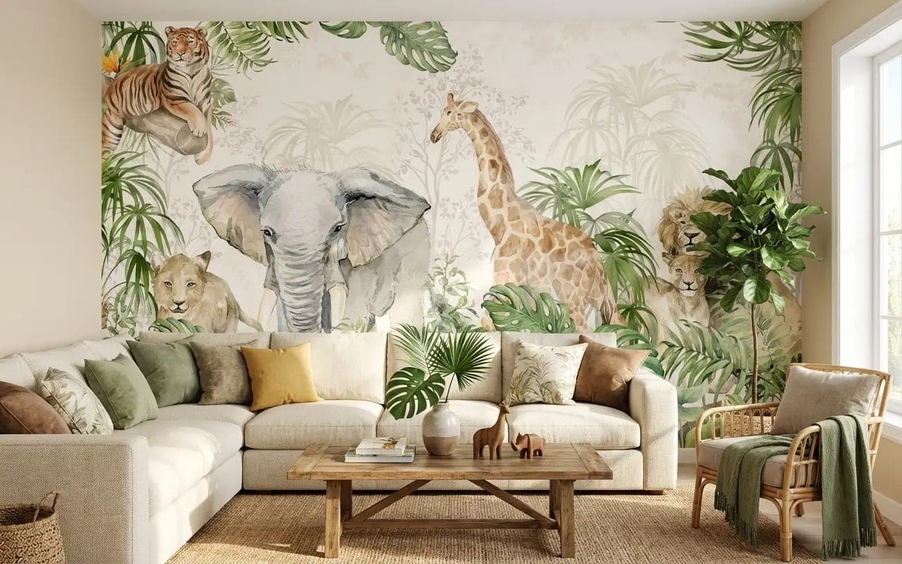 naadloos jungle dieren aquarel olifant, leeuw en giraffe behang op maat