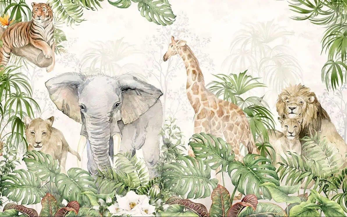 Fotobehang Jungle Dieren in Aquarel met Olifant, Leeuw en Giraffe