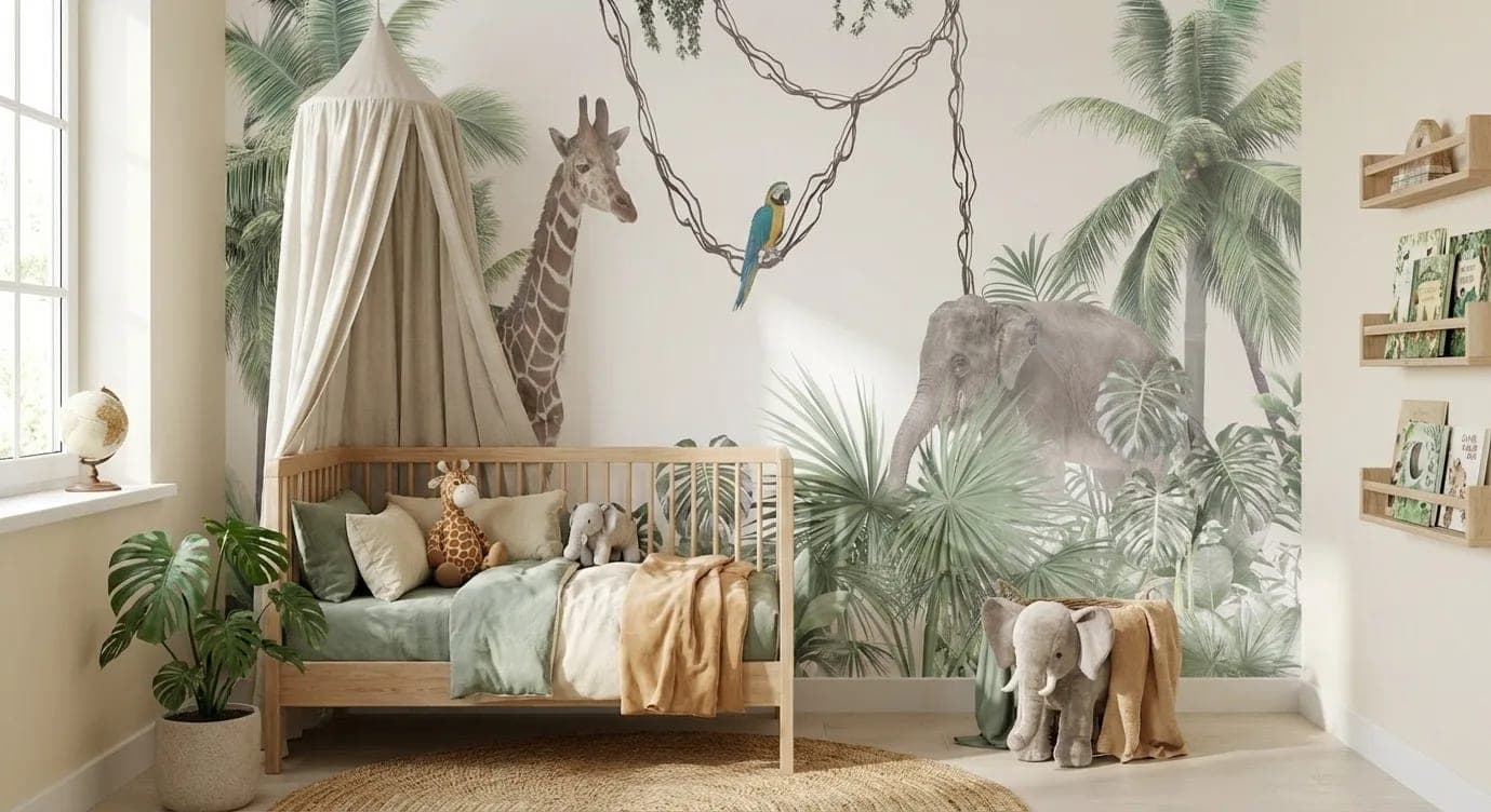 jungle dieren giraffe, olifant en palmen groen behang op maat