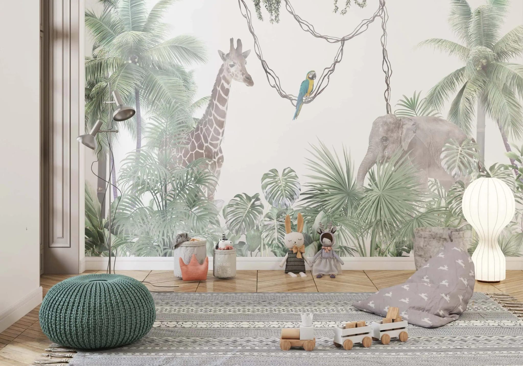 naadloos jungle dieren giraffe, olifant en palmen groen behang op maat