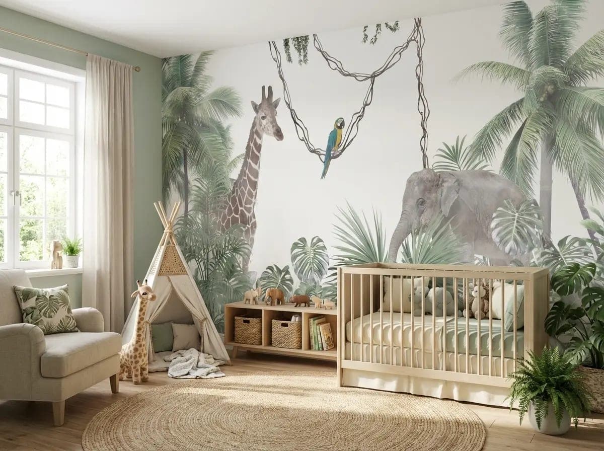 jungle dieren giraffe, olifant en palmen groen behang — naadloos op maat geprint
