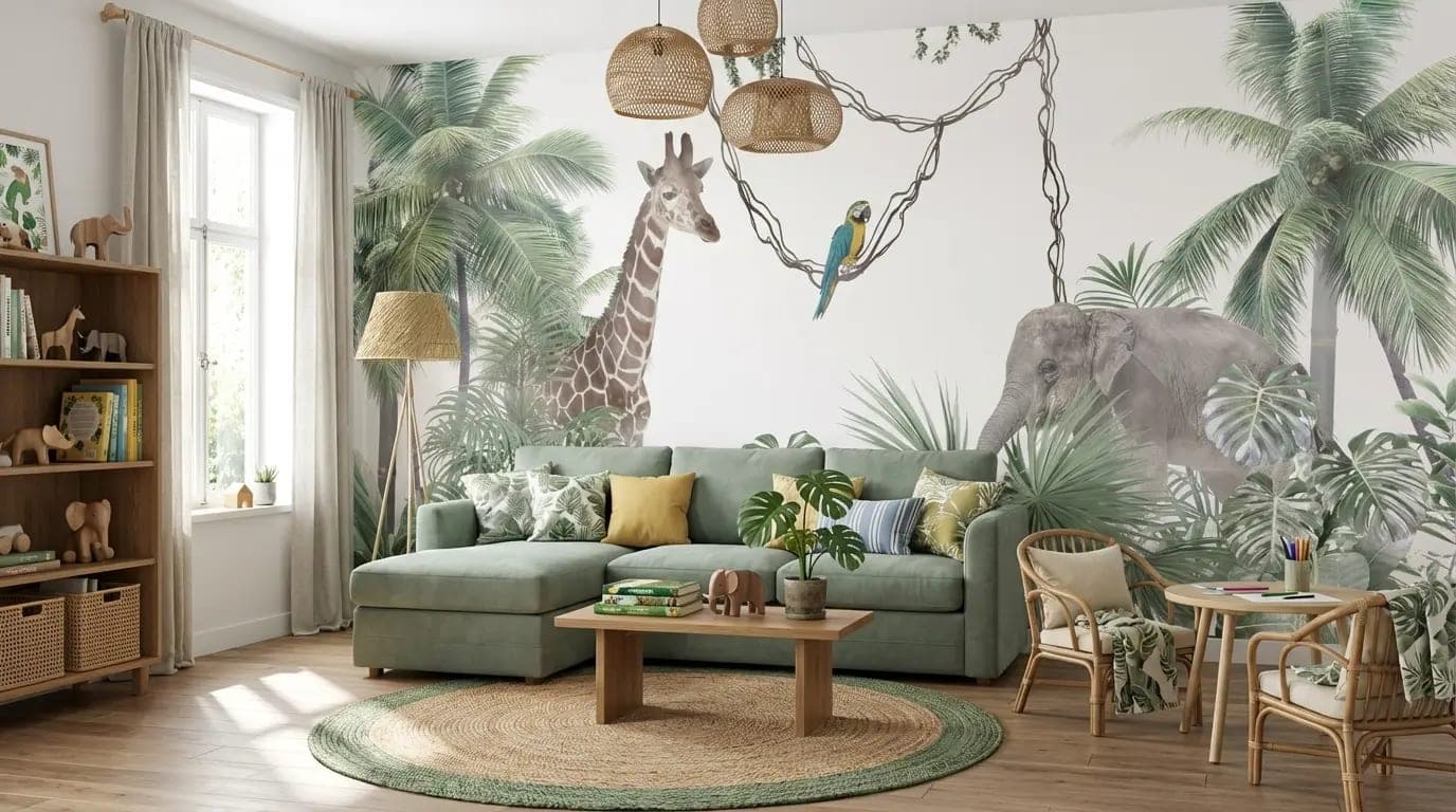 jungle dieren giraffe, olifant en palmen groen behang