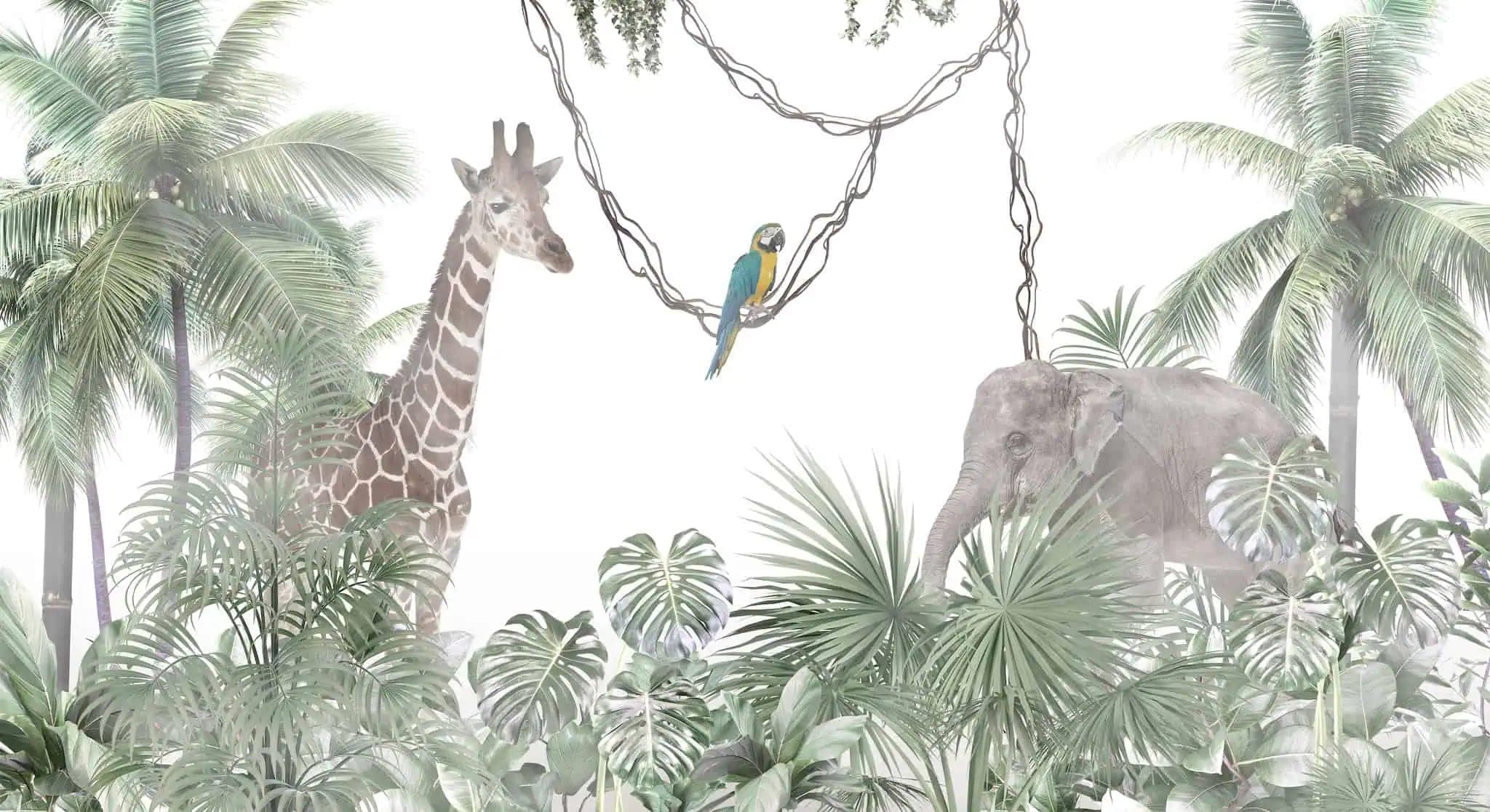 Fotobehang Jungle Dieren met Giraffe, Olifant en Palmen in Groen