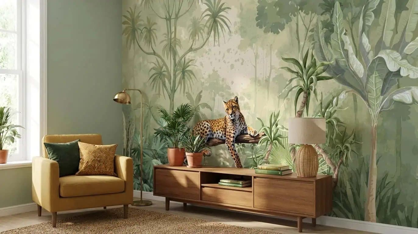 jungle luipaard op tak zacht groen behang op maat