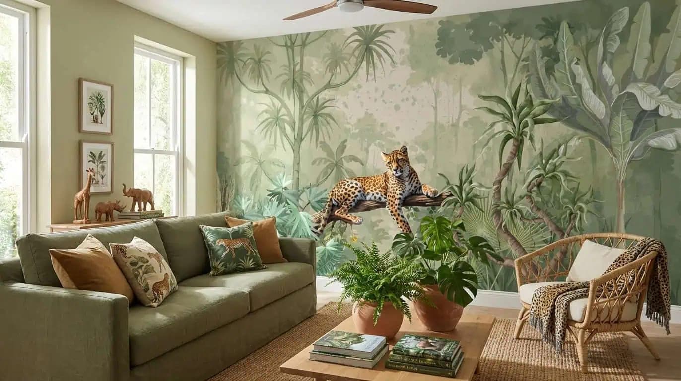 naadloos jungle luipaard op tak zacht groen behang op maat