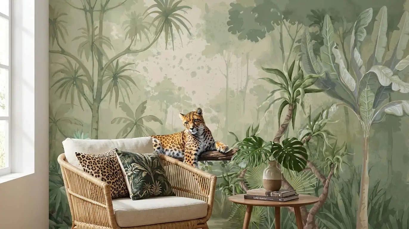 jungle luipaard op tak zacht groen behang