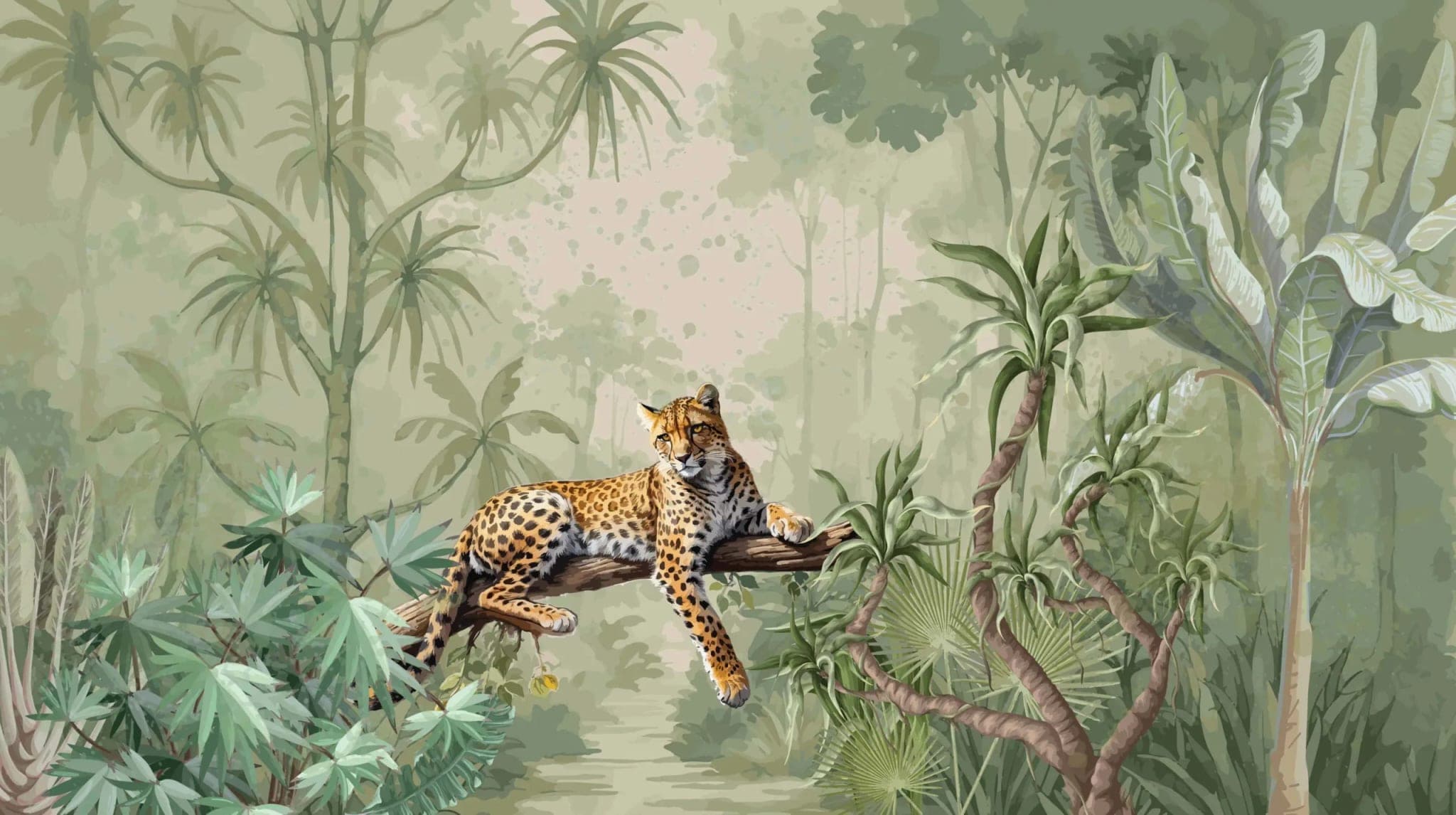 Fotobehang Jungle met Luipaard op Tak in Zacht Groen
