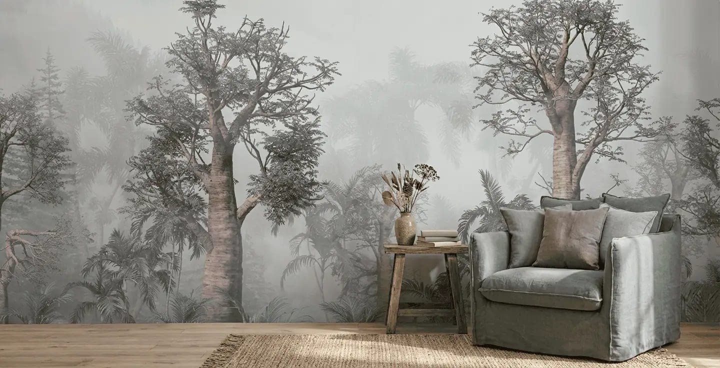 mistig tropisch woud baobabbomen grijstinten behang — naadloos op maat geprint
