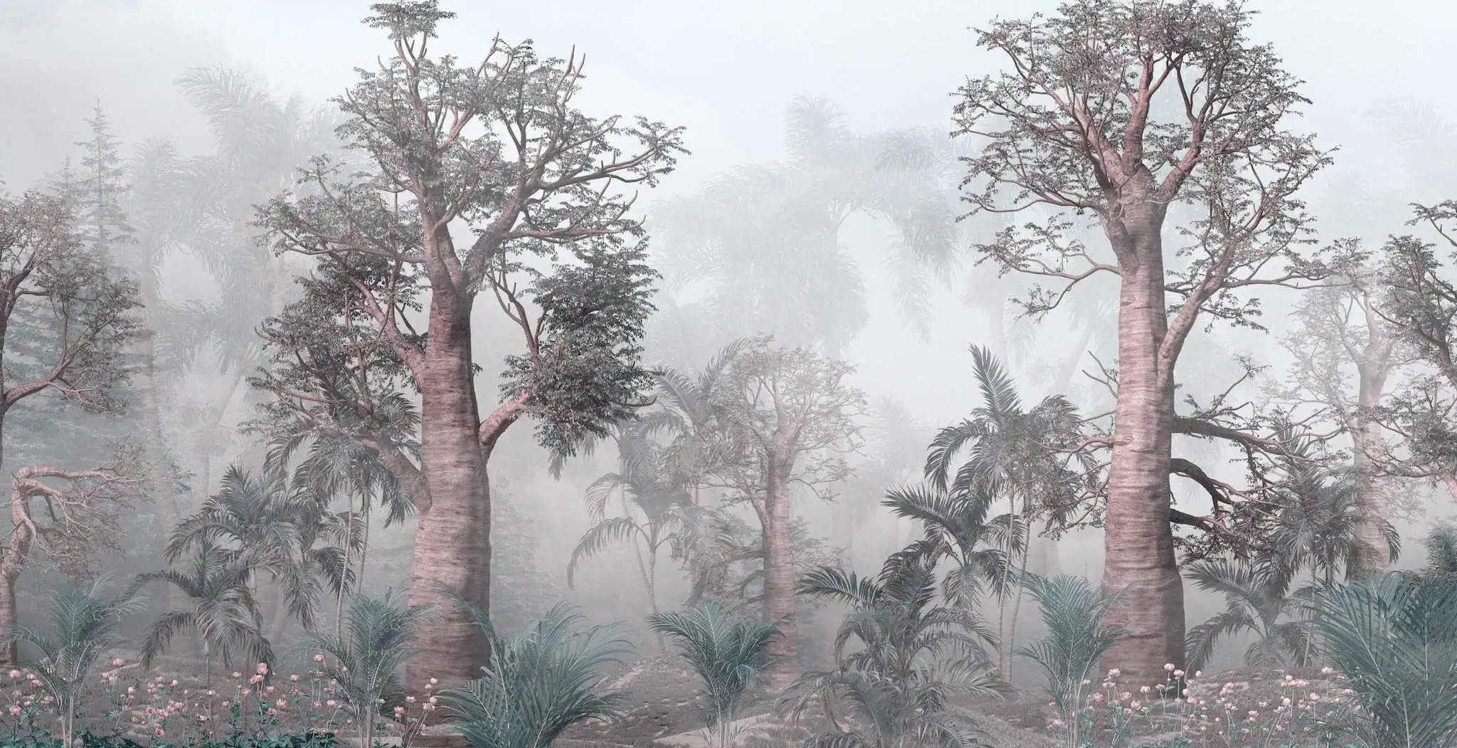 Fotobehang Mistig Tropisch Woud met Baobabbomen in Grijstinten