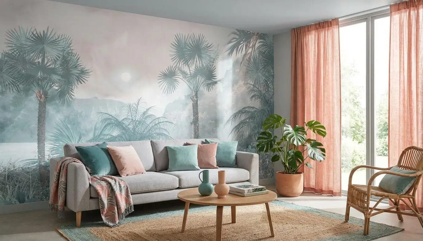 mistige jungle palmen zacht blauwgroen behang op maat