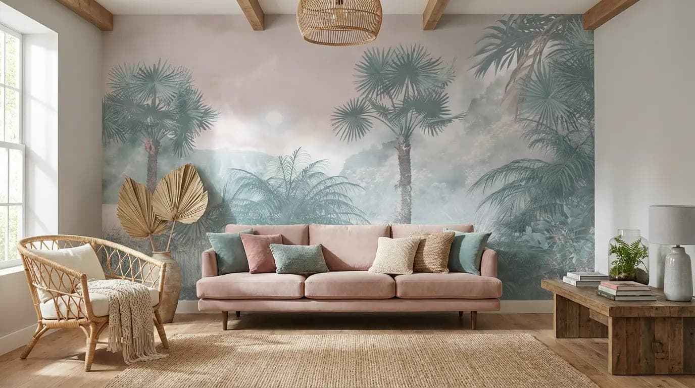 mistige jungle palmen zacht blauwgroen behang — naadloos op maat geprint