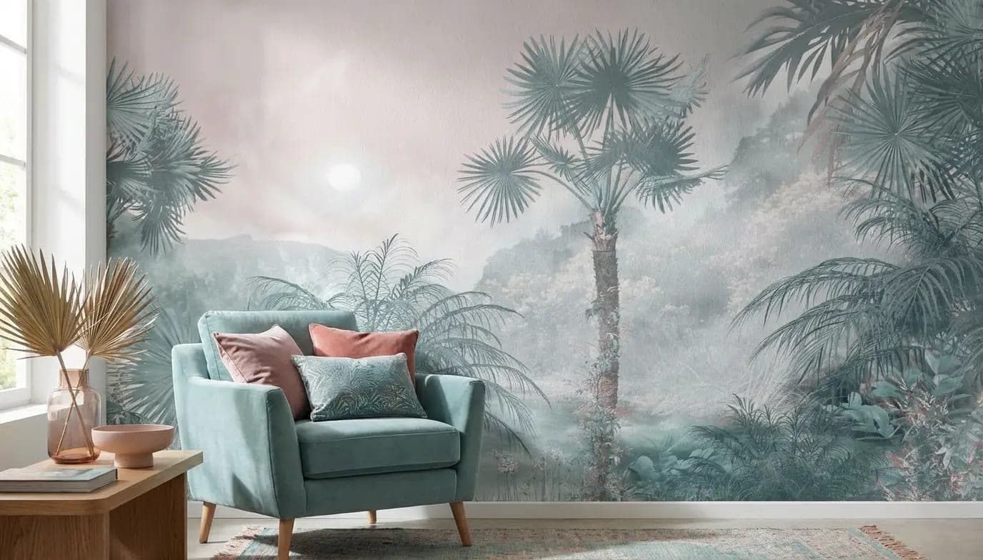mistige jungle palmen zacht blauwgroen behang