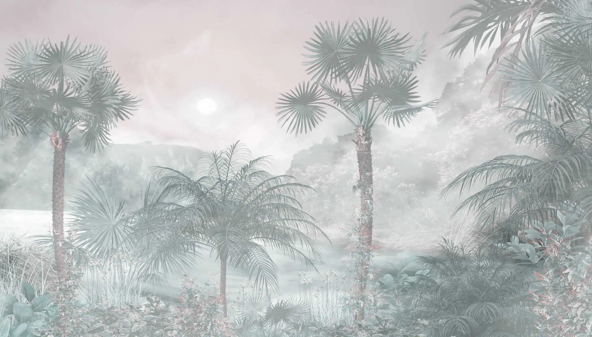 Fotobehang Mistige Jungle met Palmen in Zacht Blauwgroen