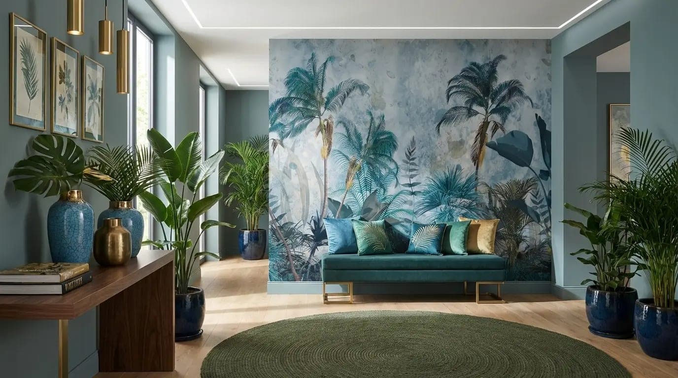 tropische palmen en bladeren koel blauwgroen behang op maat