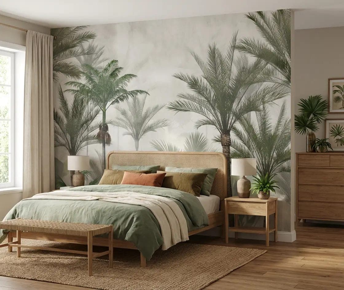 tropische palmen mistig groen op zandkleurige achtergrond behang in beige — naadloos op maat geprint