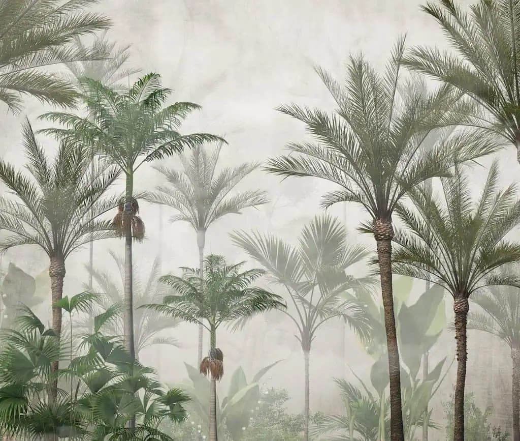 Fotobehang Tropische Palmen in Mistig Groen op Zandkleurige Achtergrond