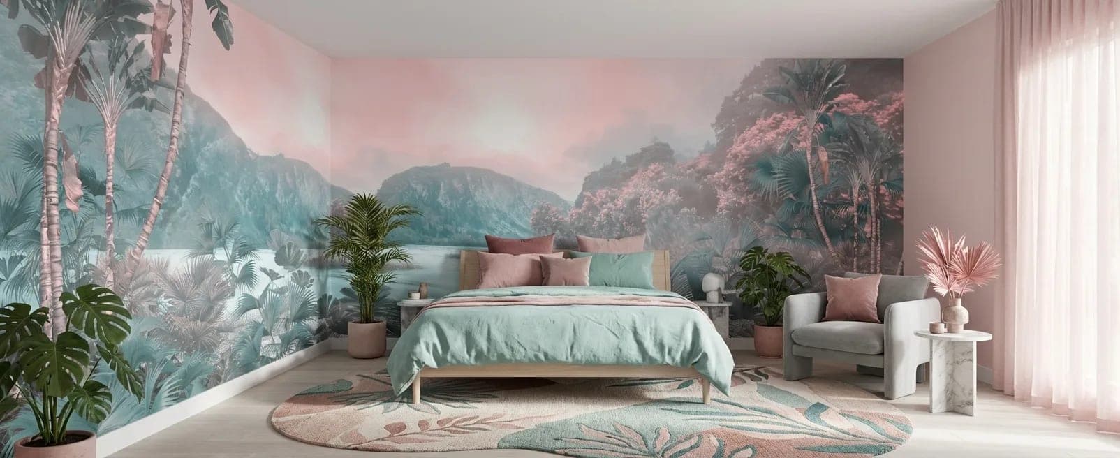 naadloos tropisch rivierlandschap pastel groen en roze behang op maat