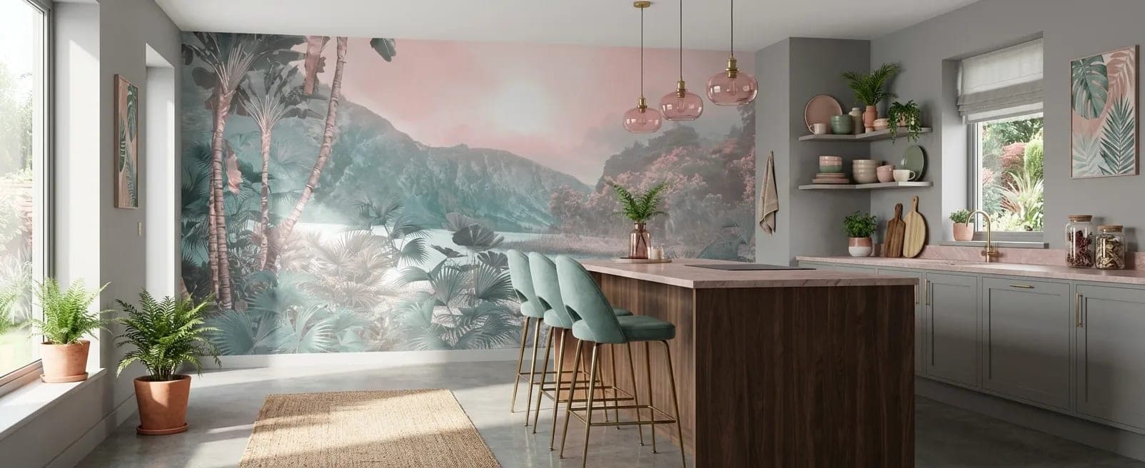 tropisch rivierlandschap pastel groen en roze behang — naadloos op maat geprint