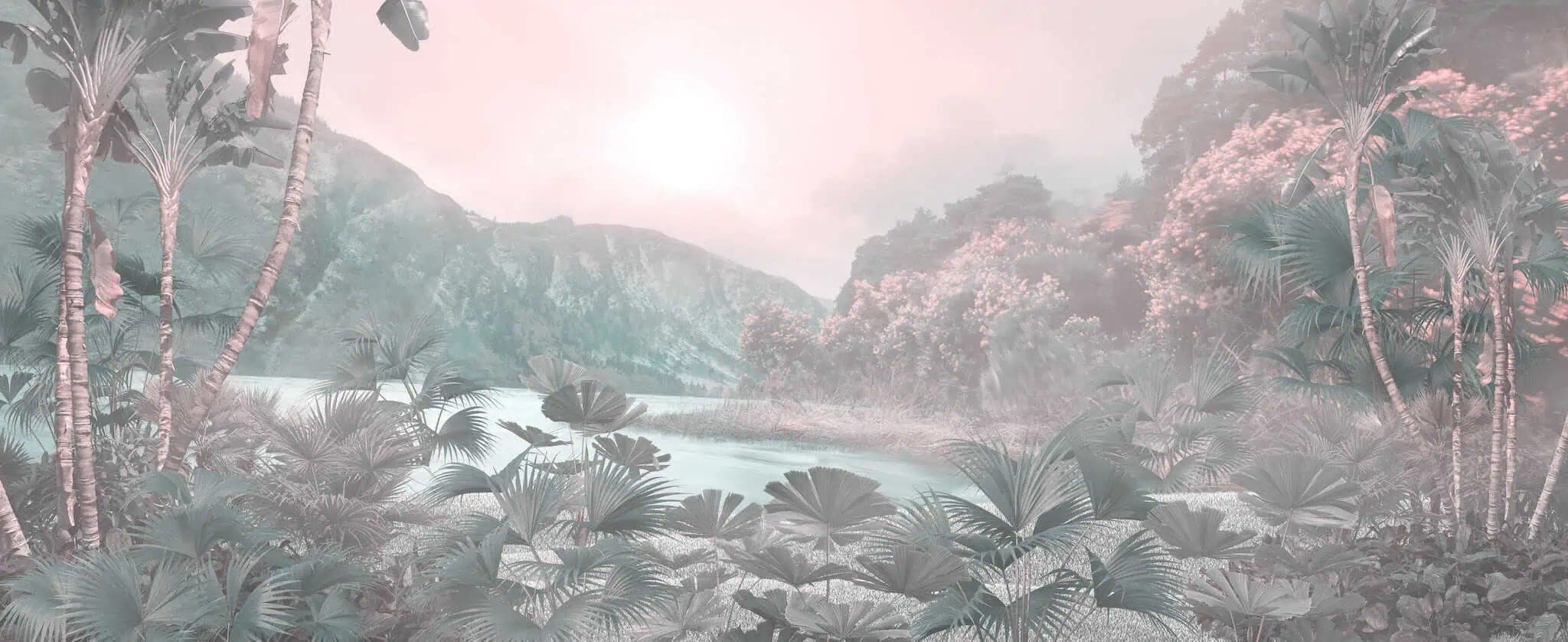Fotobehang Tropisch Rivierlandschap in Pastel Groen en Roze