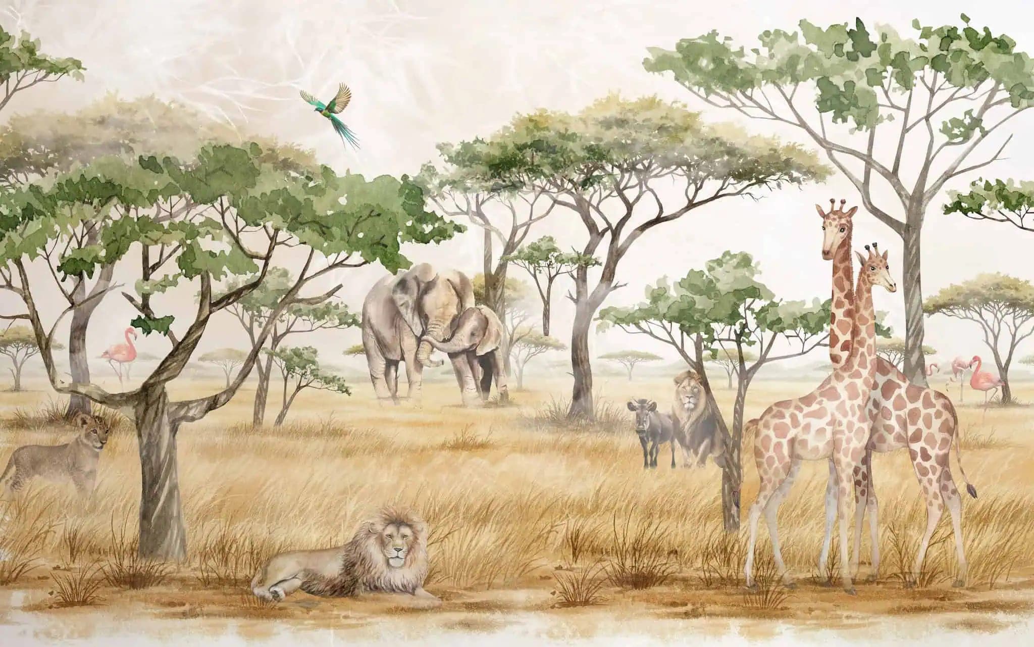 Fotobehang Savanne met Dieren en Groen Gele Bomen