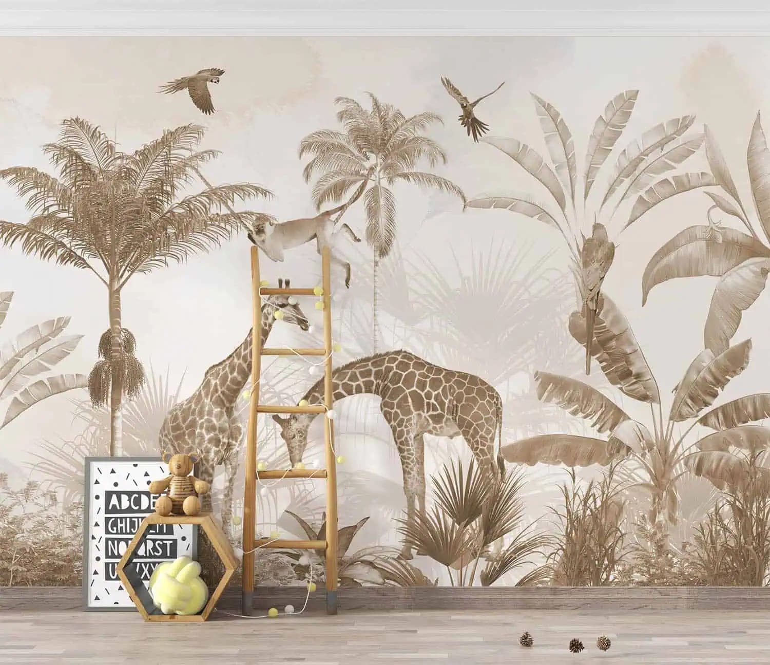 sepia jungle giraffen kinderkamer behang op maat in grijs