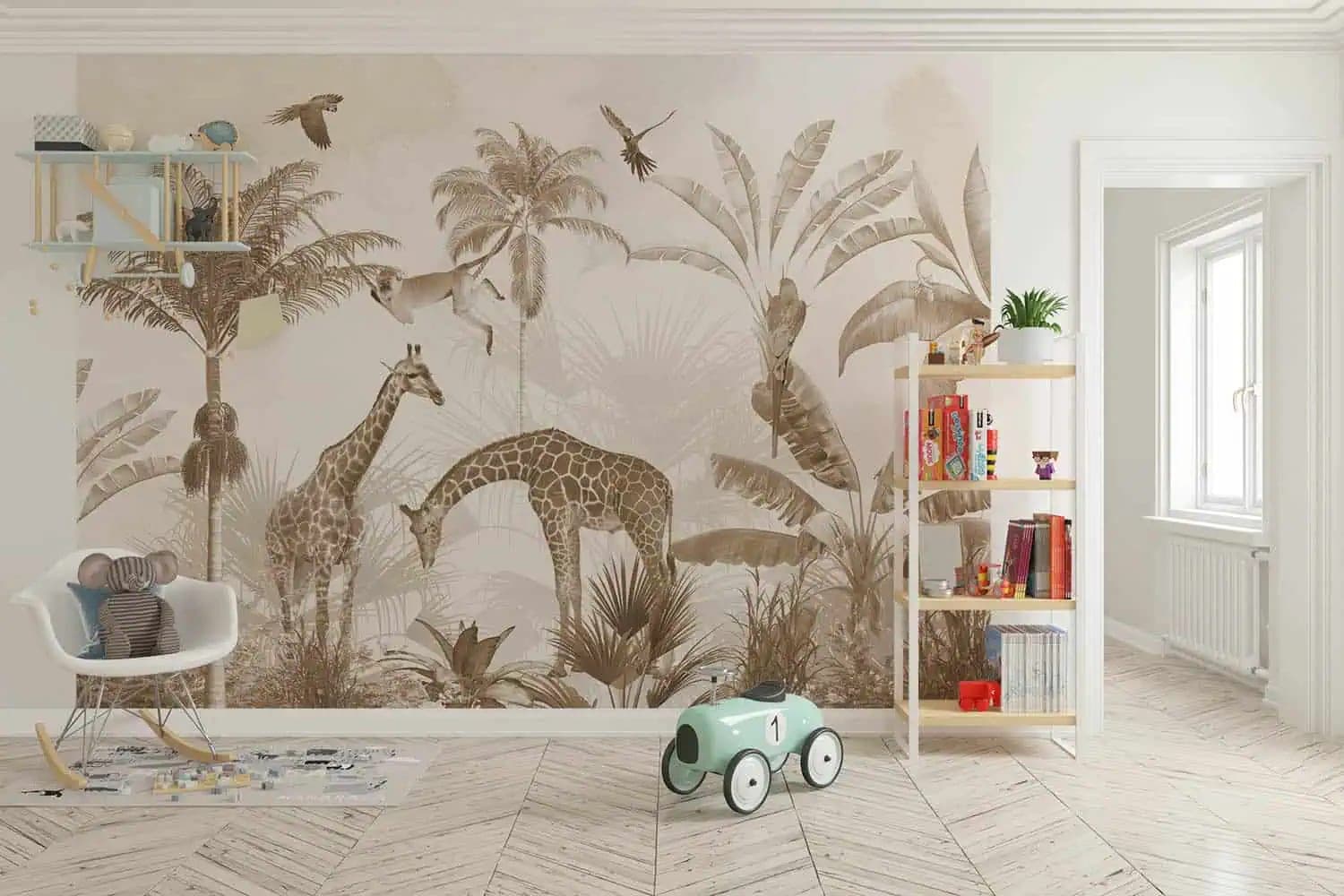 naadloos sepia jungle giraffen kinderkamer behang op maat