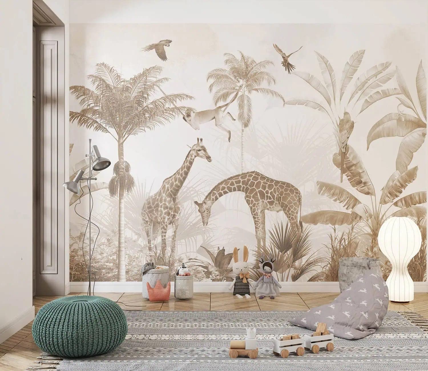sepia jungle giraffen kinderkamer behang in grijs — naadloos op maat geprint