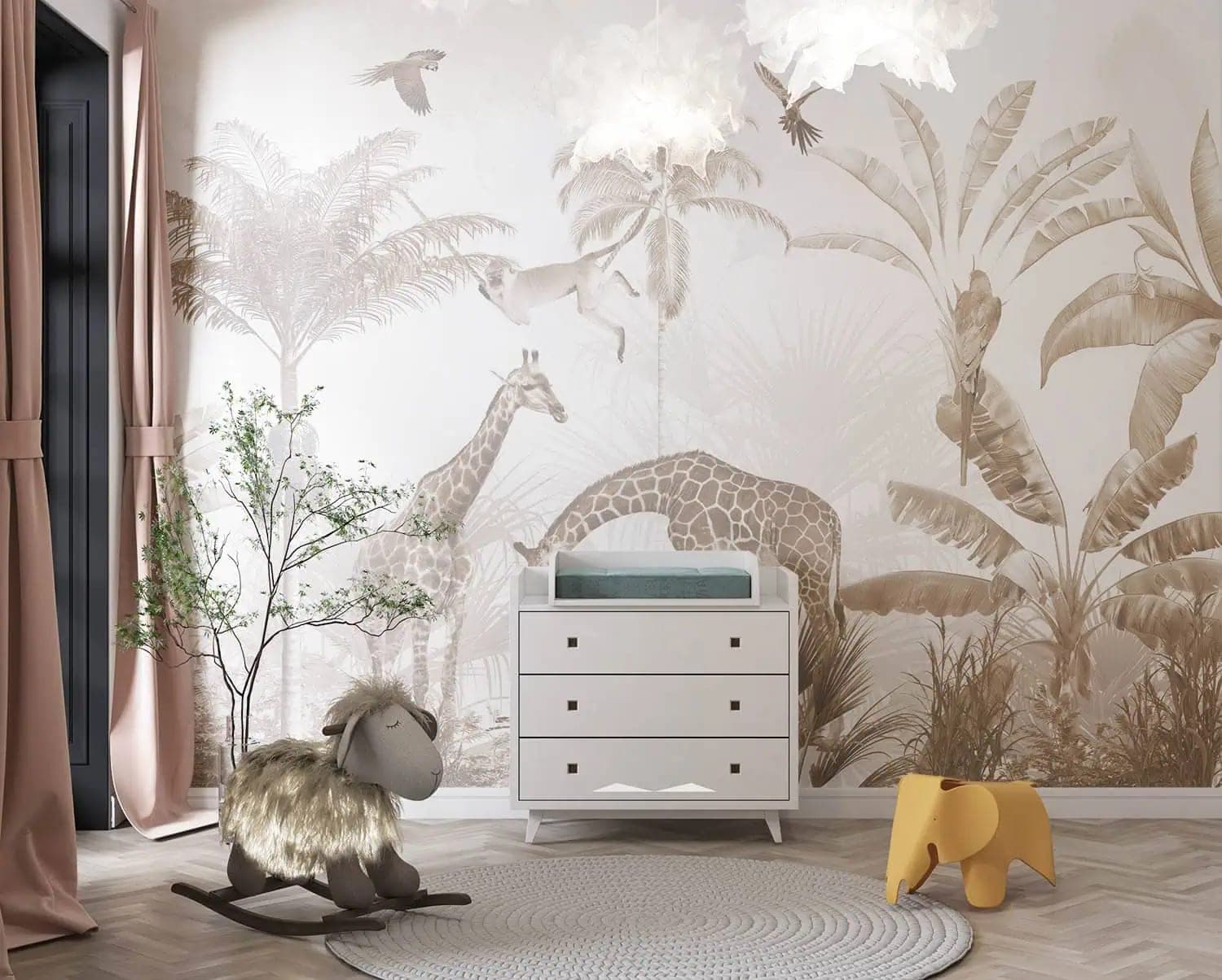 sepia jungle giraffen kinderkamer behang in grijs