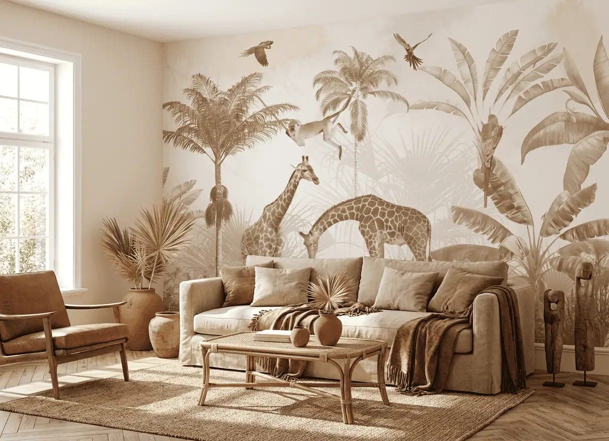 sepia jungle giraffen kinderkamer behang op maat in grijs