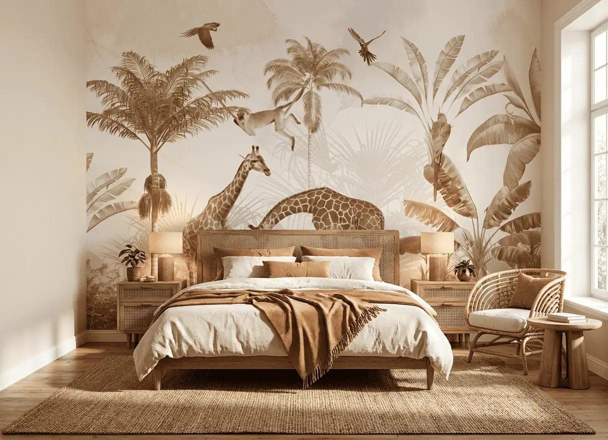 naadloos sepia jungle giraffen kinderkamer behang op maat