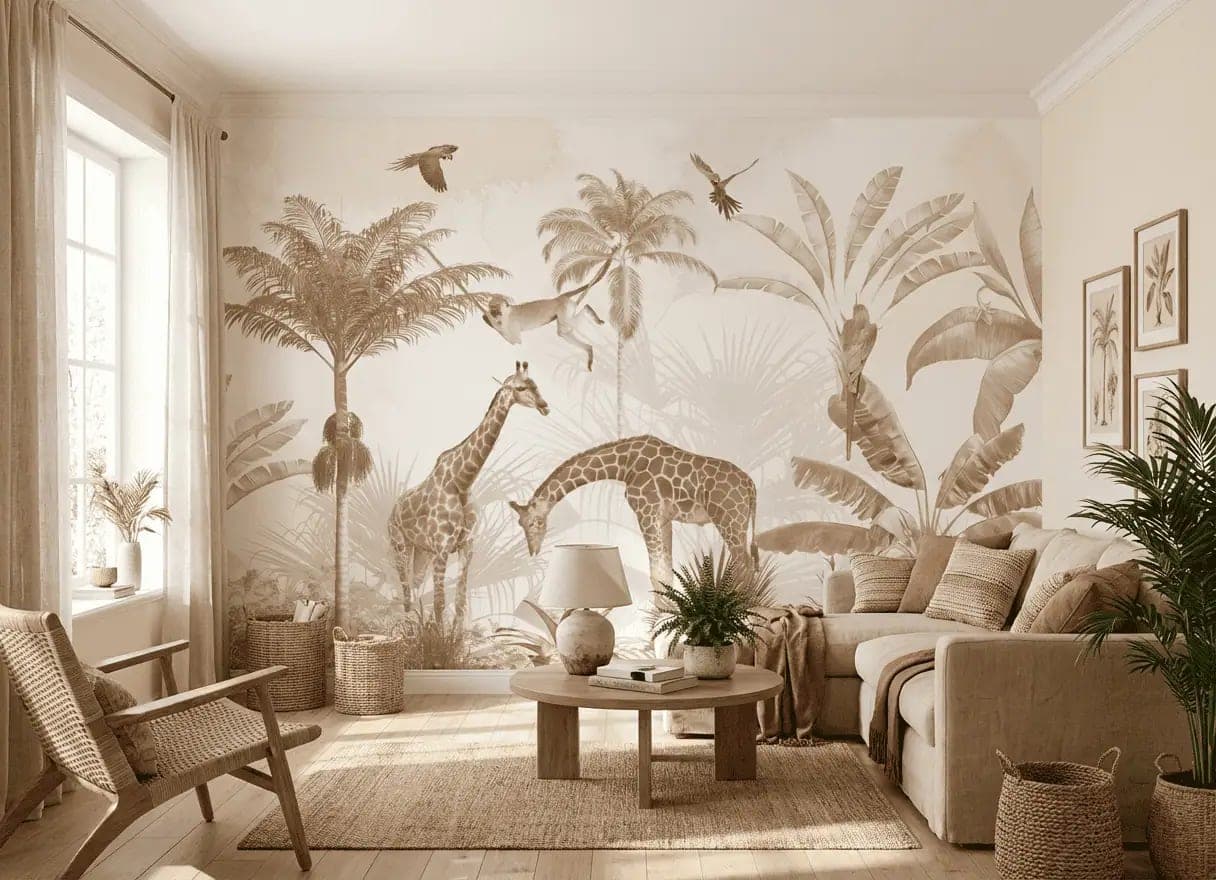 sepia jungle giraffen kinderkamer behang in grijs — naadloos op maat geprint