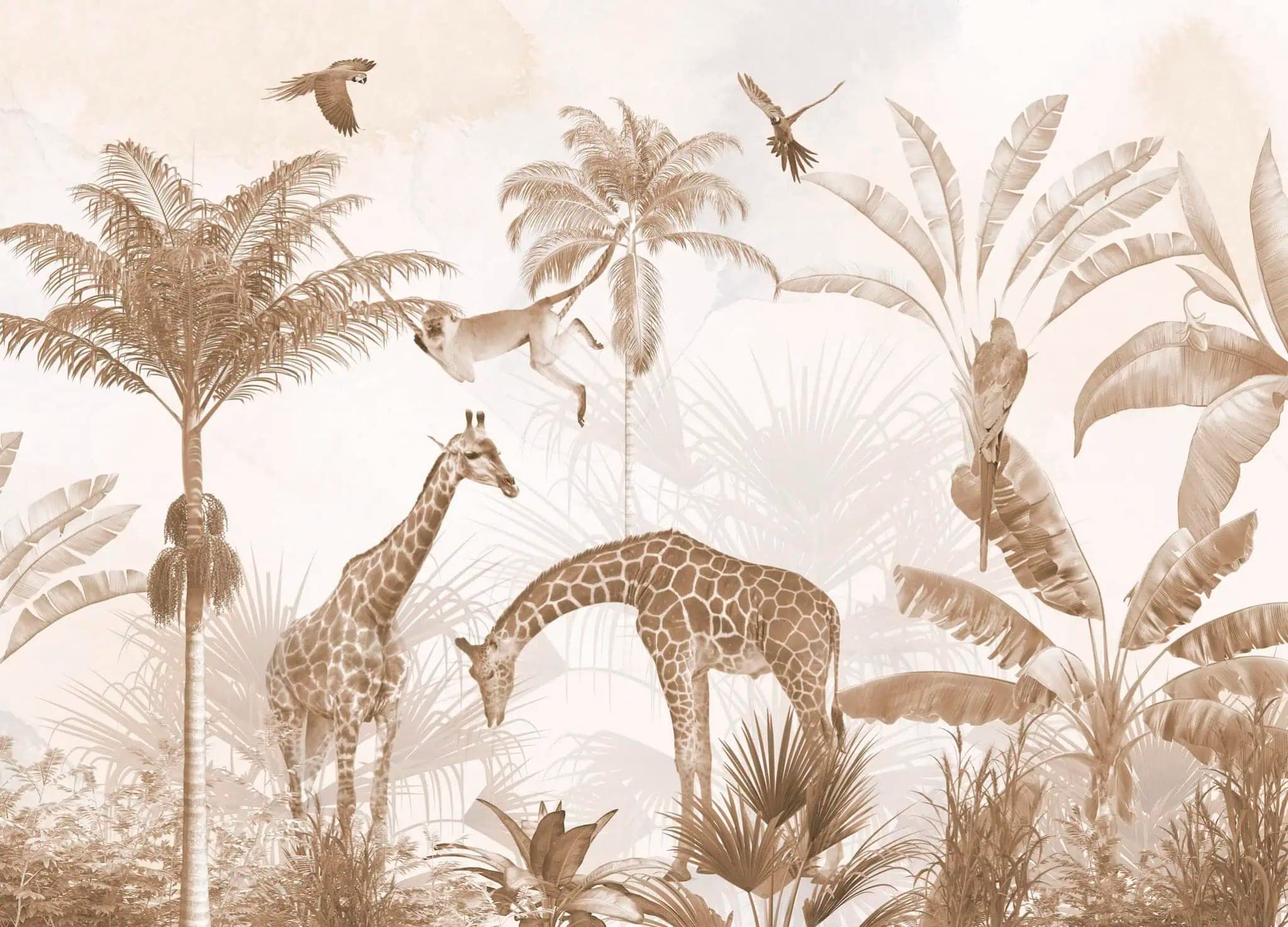 Fotobehang Sepia Jungle met Giraffen voor Kinderkamer