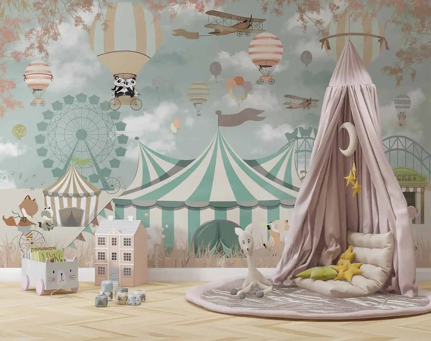kinderkamer circusdieren en luchtballonnen pastel behang op maat