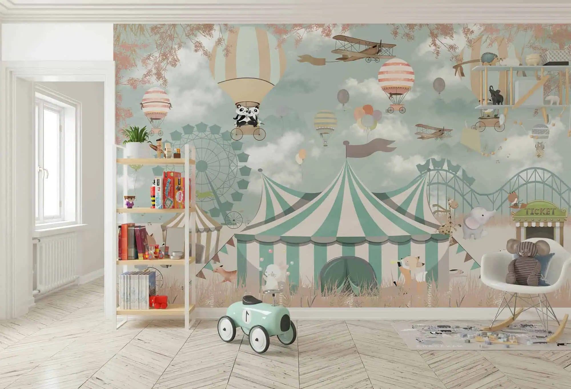 naadloos kinderkamer circusdieren en luchtballonnen pastel behang op maat
