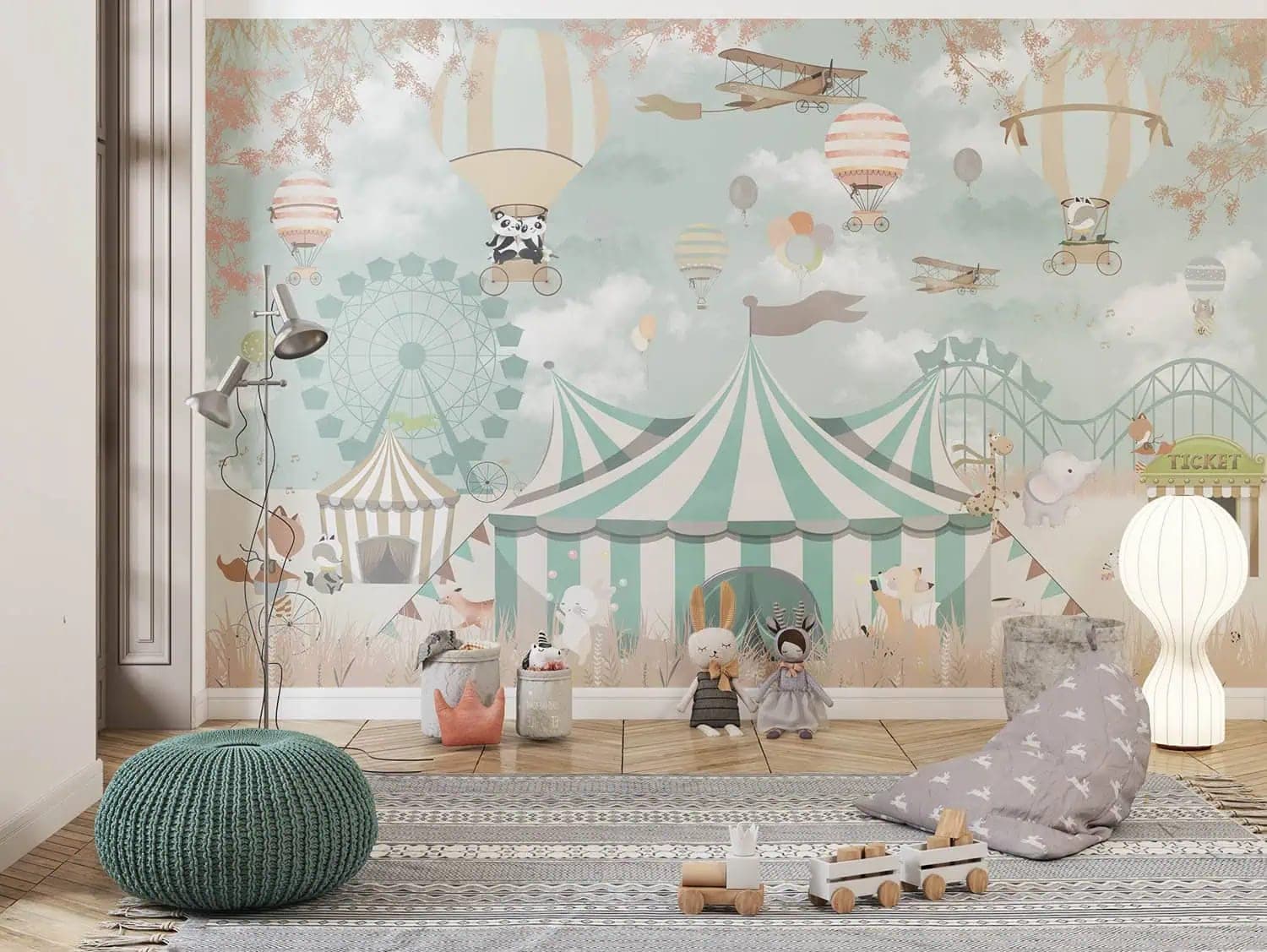 kinderkamer circusdieren en luchtballonnen pastel behang — naadloos op maat geprint