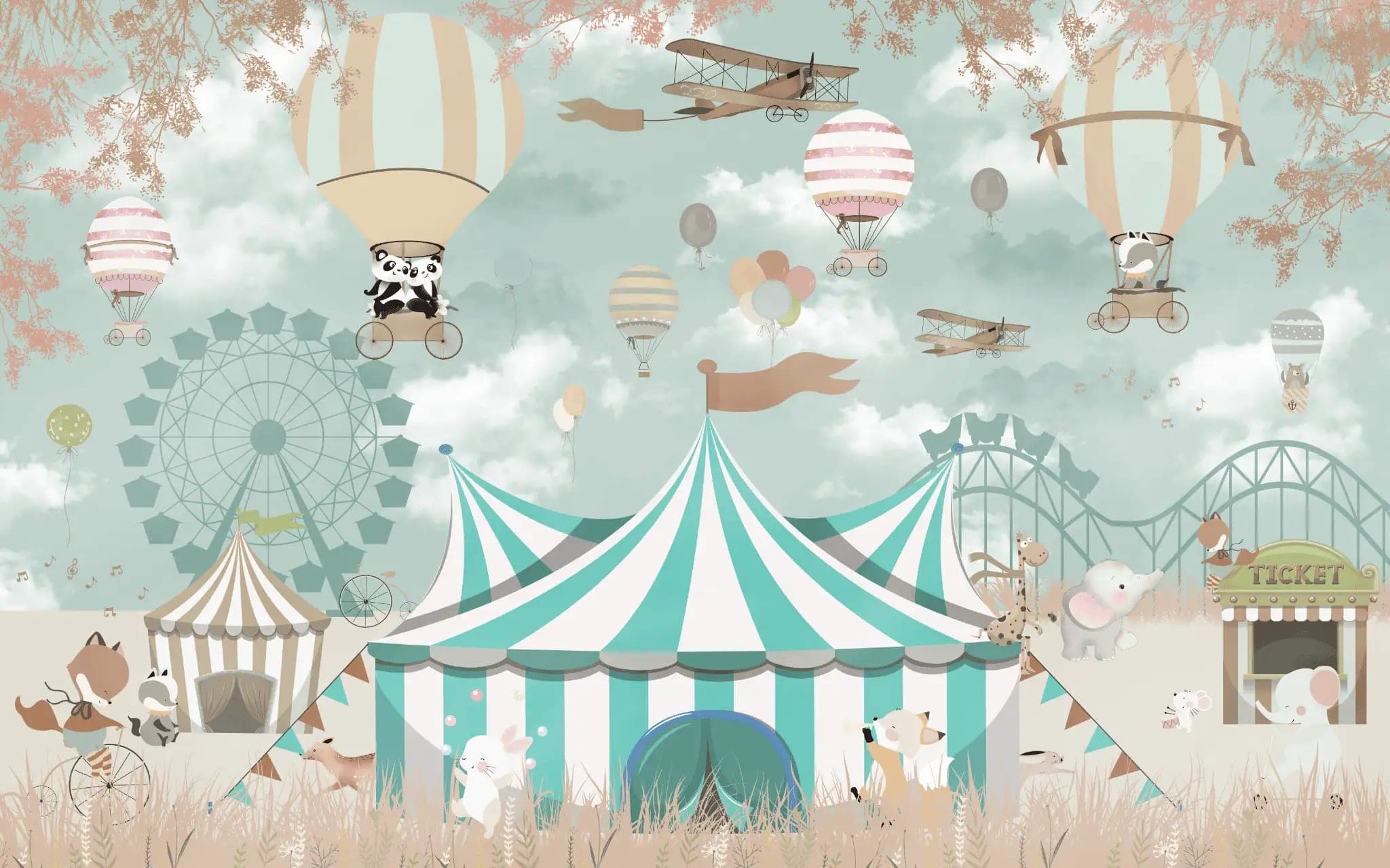 Fotobehang Kinderkamer met Circusdieren en Luchtballonnen in Pastel