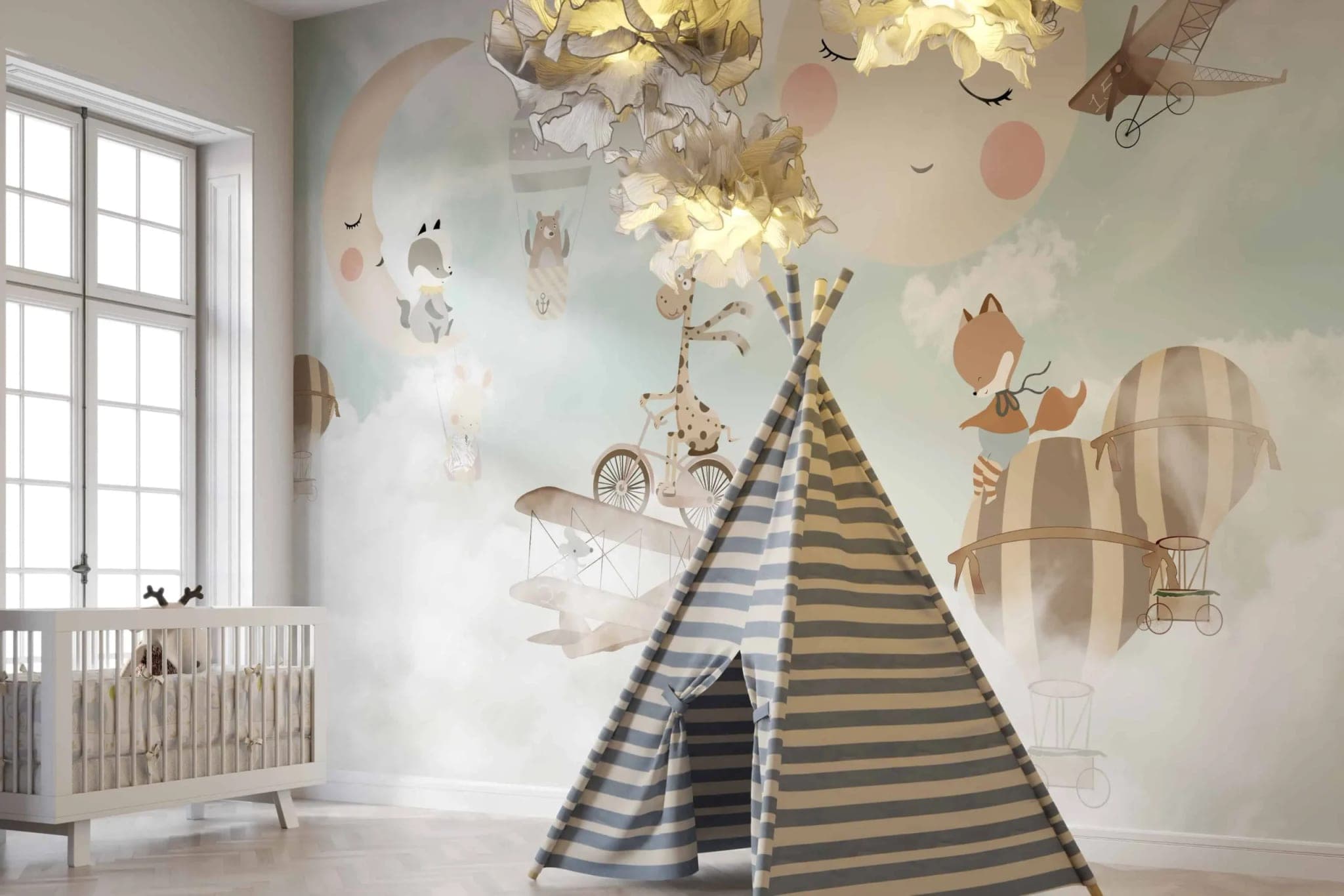 kinderkamer dieren, luchtballonnen en vliegtuigen pastel behang op maat