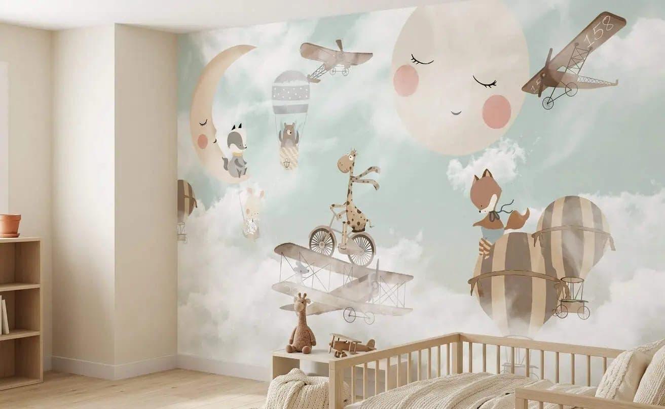 naadloos kinderkamer dieren, luchtballonnen en vliegtuigen pastel behang op maat
