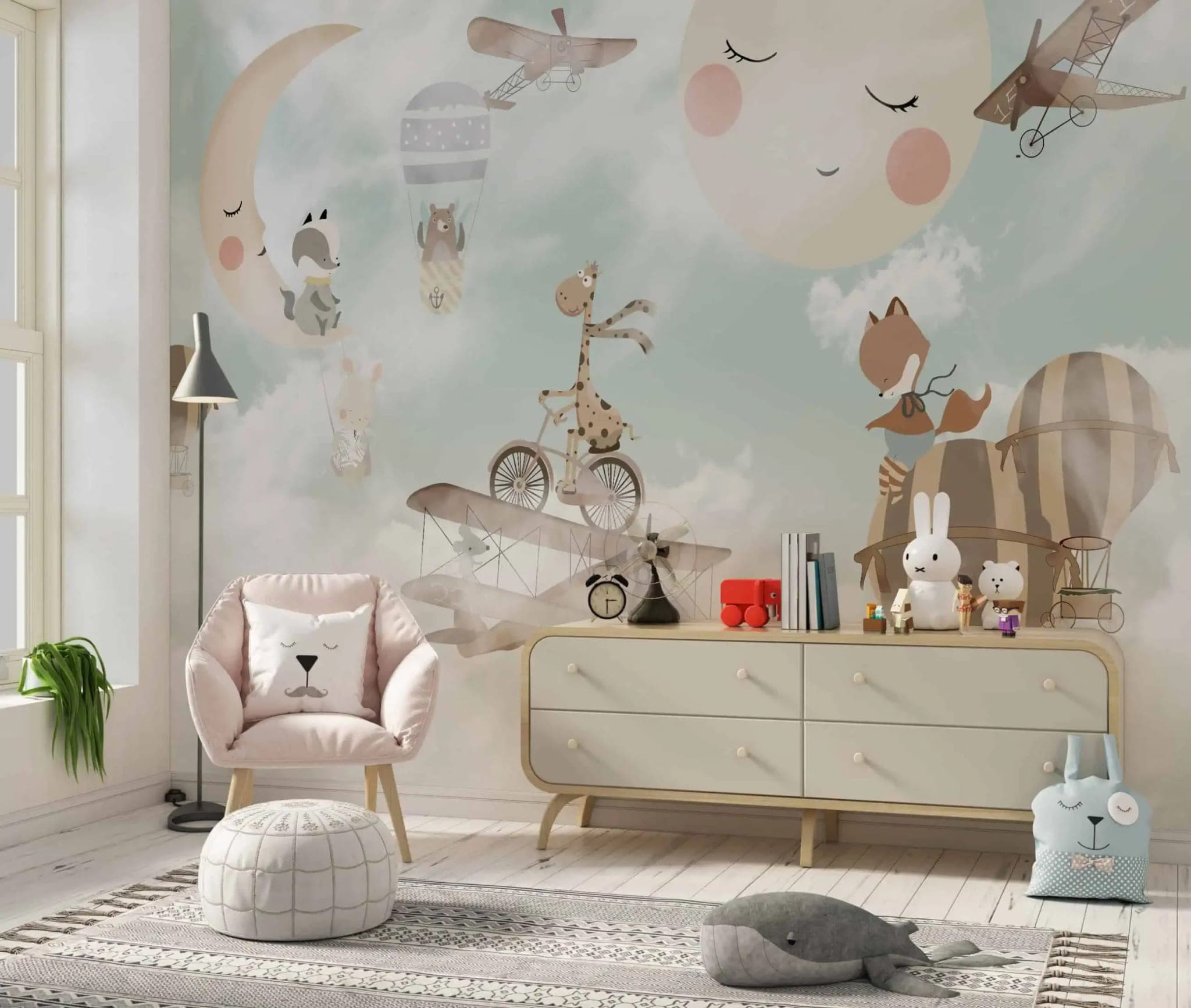 kinderkamer dieren, luchtballonnen en vliegtuigen pastel behang — naadloos op maat geprint