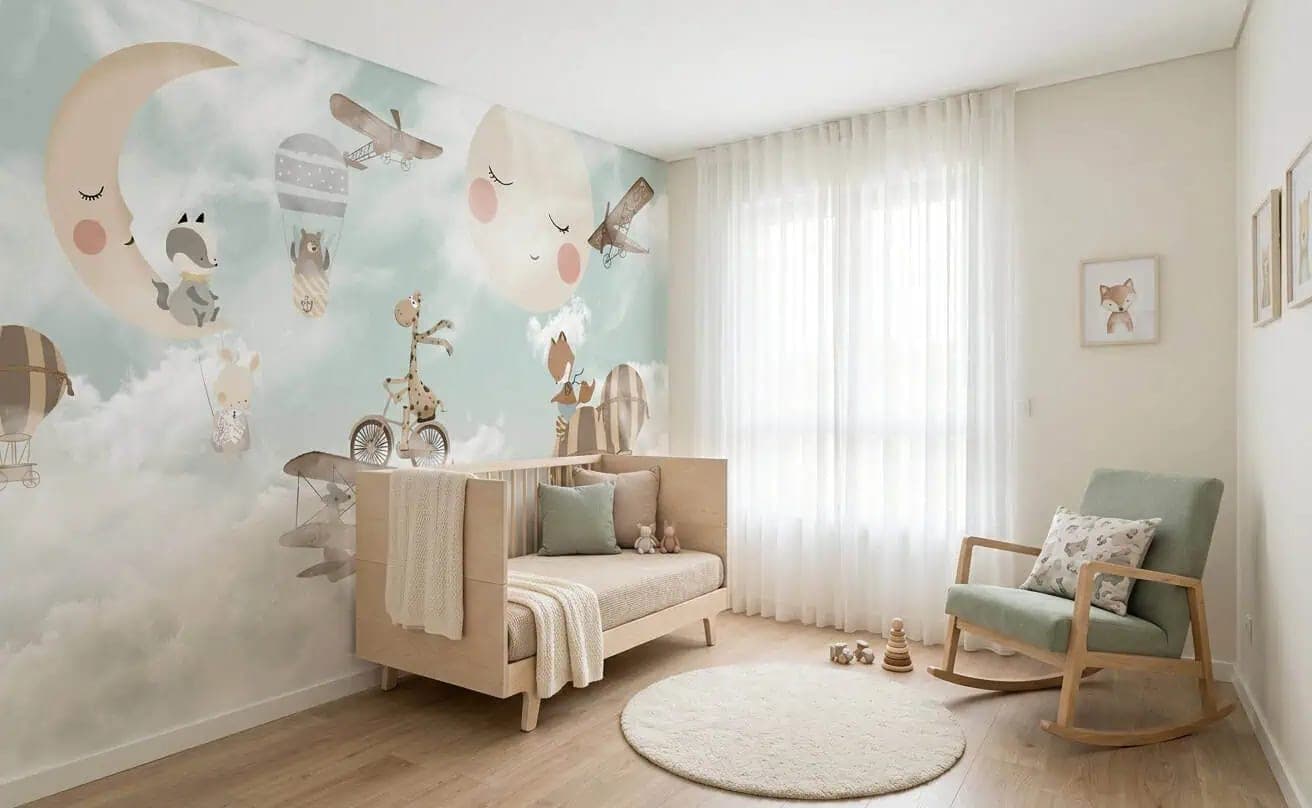 kinderkamer dieren, luchtballonnen en vliegtuigen pastel behang