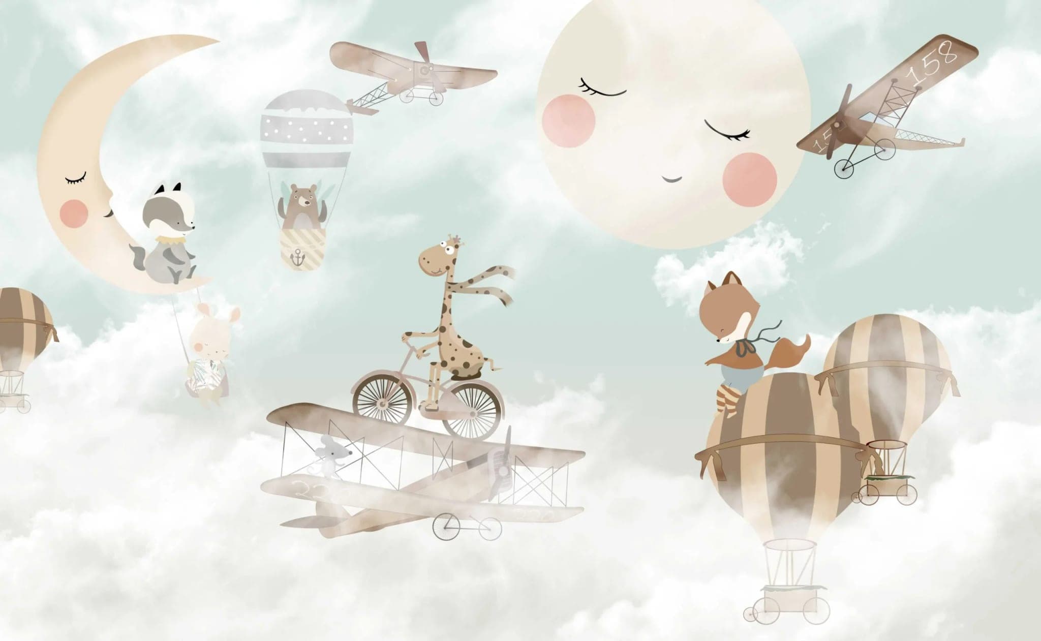 Fotobehang Kinderkamer met Dieren, Luchtballonnen en Vliegtuigen in Pastel