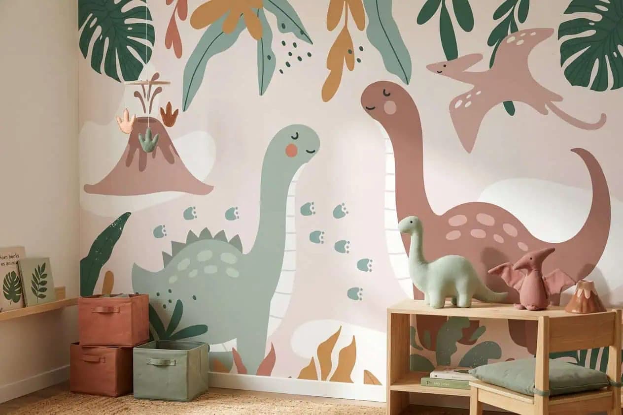 kinderkamer dino’s en botanische bladeren pastel behang op maat