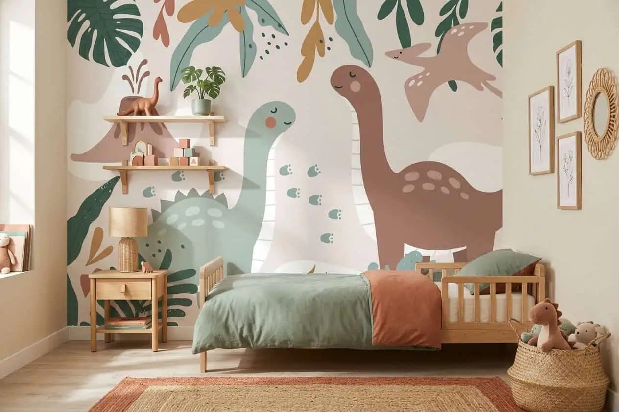 naadloos kinderkamer dino’s en botanische bladeren pastel behang op maat