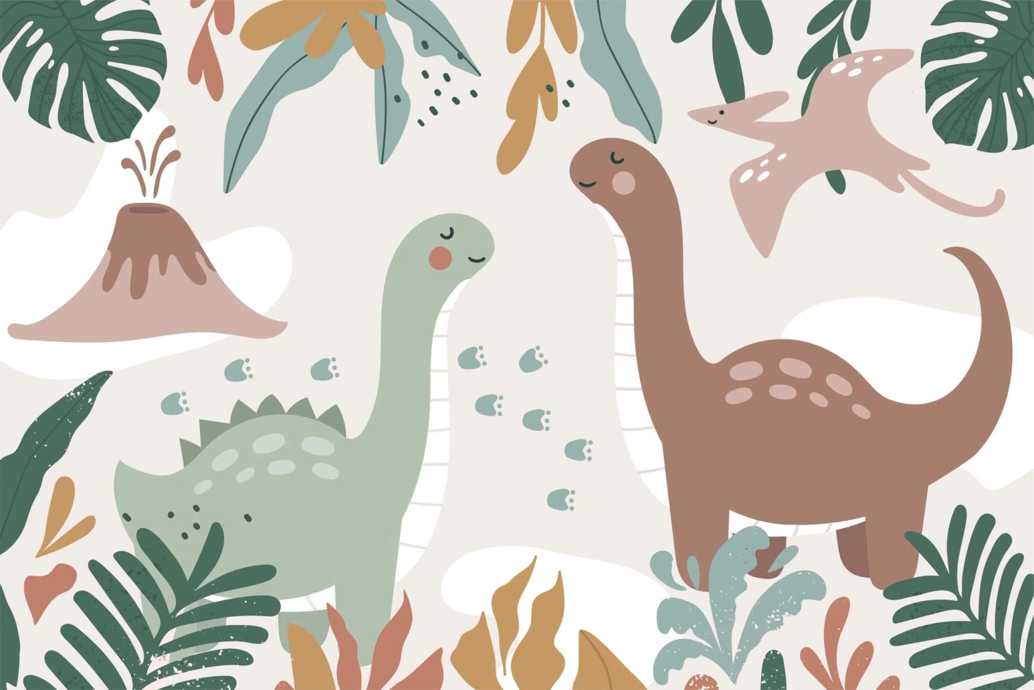 Fotobehang Kinderkamer met Dino’s en Botanische Bladeren in Pastel