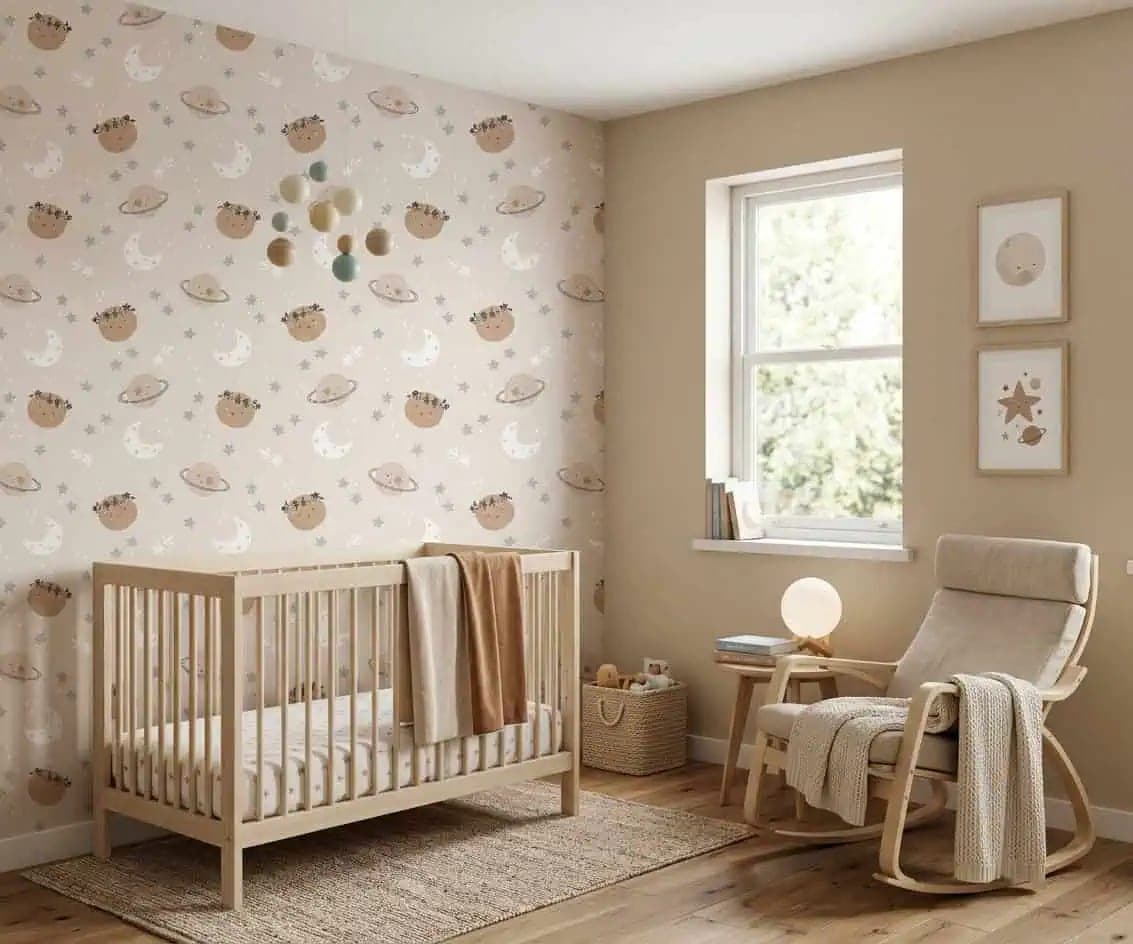 planeten en maantjes zachte beige pasteltinten behang op maat