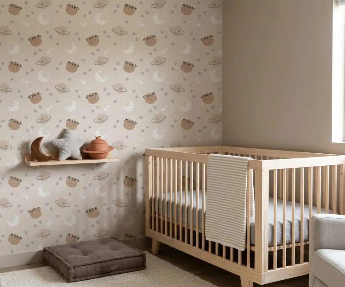 naadloos planeten en maantjes zachte beige pasteltinten behang op maat